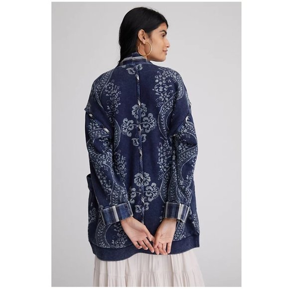 Pilcro Quilted Kimono Jacket / S/M / Blue Motif Anthropologie Long Cardigan Wrap - Picture 3 of 10